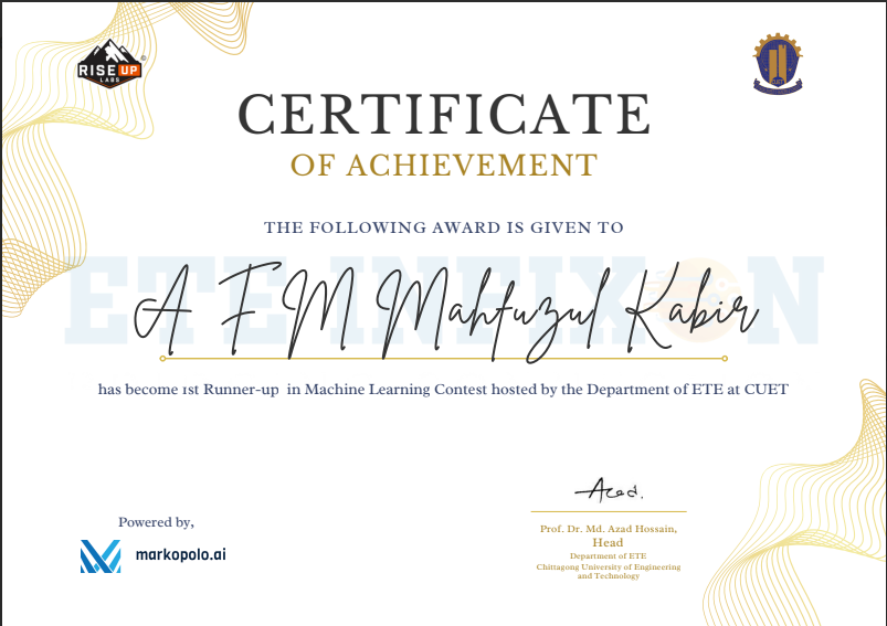 CUET ETE Day Machine Learning Competition first runner-up certificate